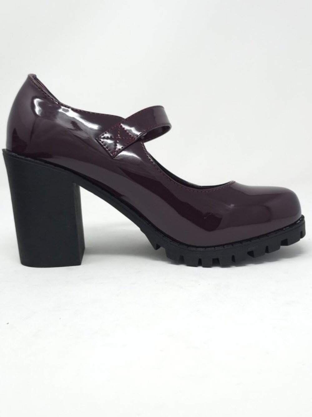 Burgundy Patent Faux Leather Mary Jane Platform Chunky Heel Lug Sole Trendy - Picture 4 of 11